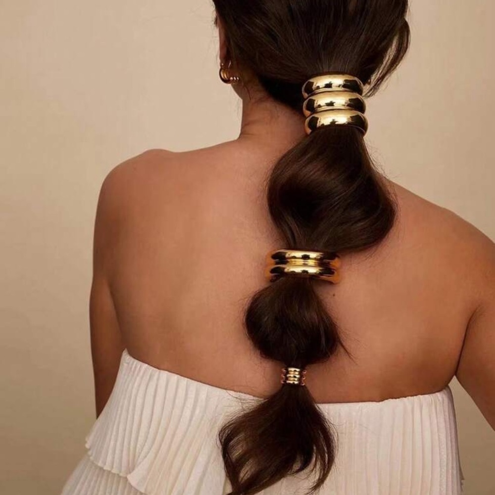 Brand New - 3 Set Boho Gold Scrunchie Hair Tie Accessory Set